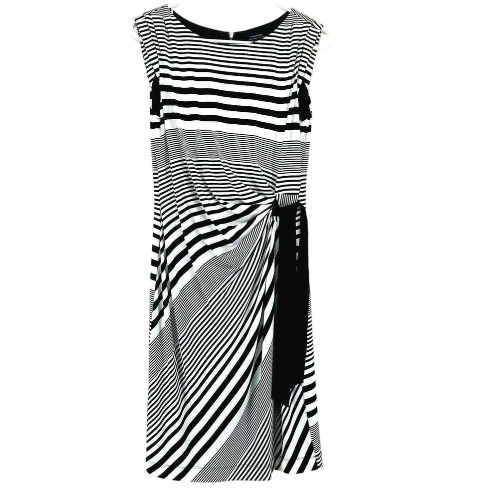 Tahari‎ ASL Sleeveless Dress 6 Black Ivory Striped Lined Boat Neck